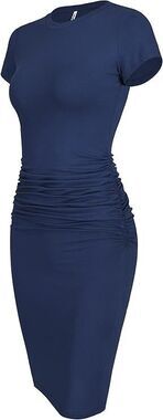 Laughido Bodycon Dress Womens L Navy Blue Ruched Knee Length T Shirt Dress